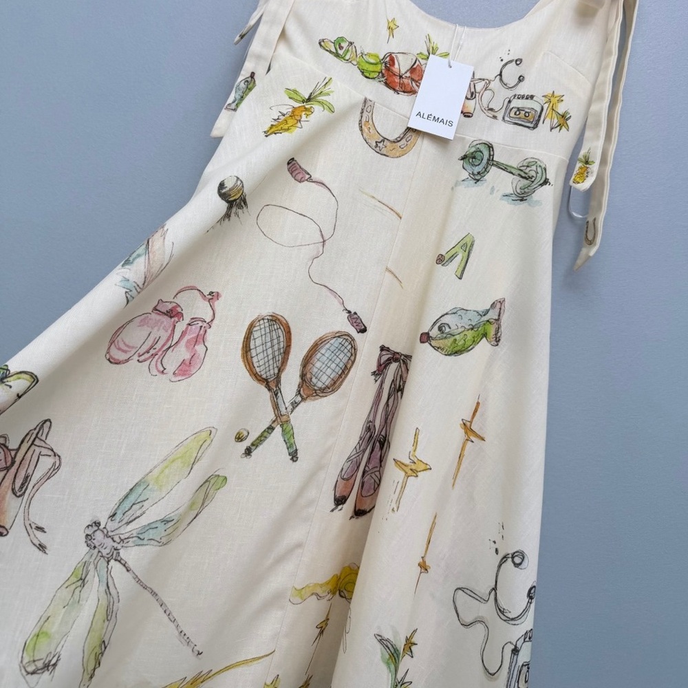 Alemais Cream Midi Dress with Multicolor Illustration Print - Picture 4 of 9